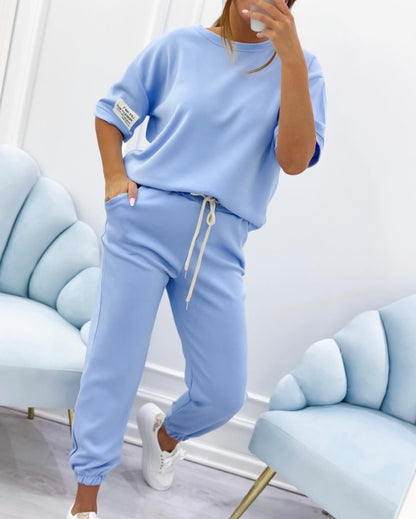 ⏳ Časovno omejena ponudba! 💕【S-5XL】Poletni ženski sproščeni komplet iz 100 % bombaža, enobarvna majica in hlače