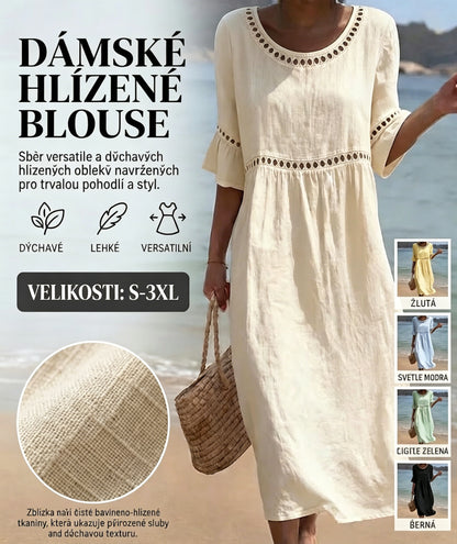 ✨Platba na dobírku【S–3XL】Dámské přiléhavé šaty z bavlny a lnu s kulatým výstřihem, s balónovými rukávy, prodyšné a měkké, pohodlné na nošení