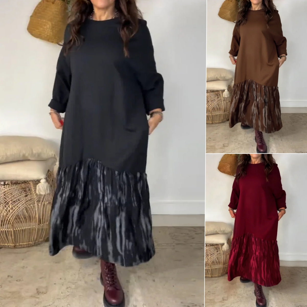 ✨【S-3XL】Damska luźna sukienka z okrągłym dekoltem, ozdobiona nieregularnym patchworkowym nadrukiem, uniwersalna i wygodna do noszenia