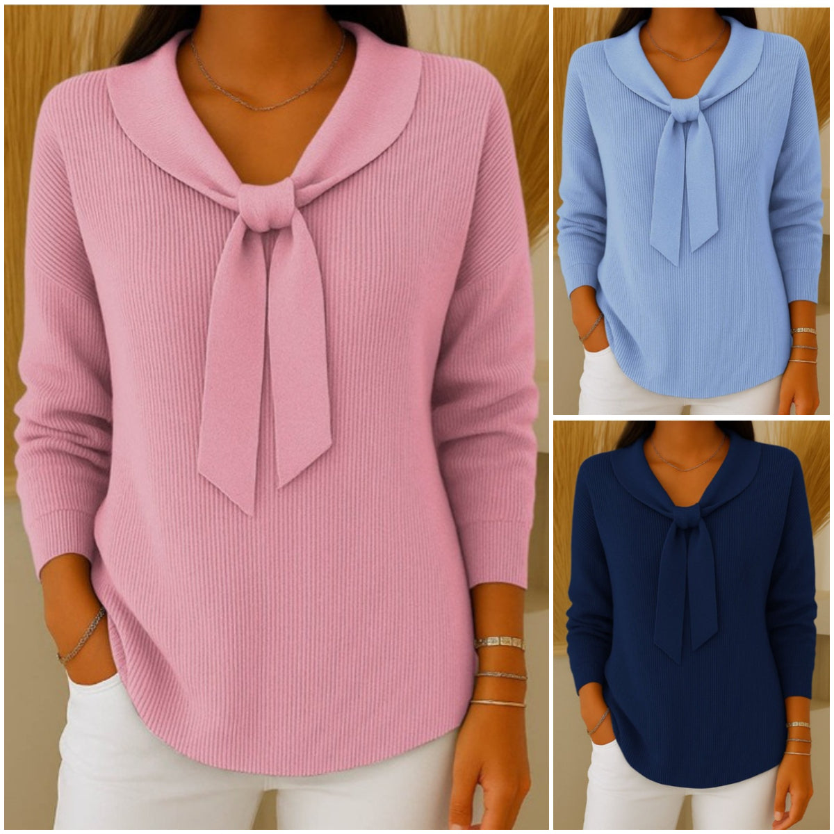 ✨Súper cómodo de llevar💕【S-5XL】Suéter de mujer de color sólido con lazo y manga larga, estilo holgado y relajado