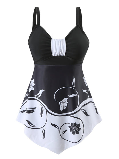 🏖️【S-5XL】Dvoudílné plavky s volnými šaty, modrý květinový potisk, elegantní střih s regulací bříška, pohodlné a prodyšné