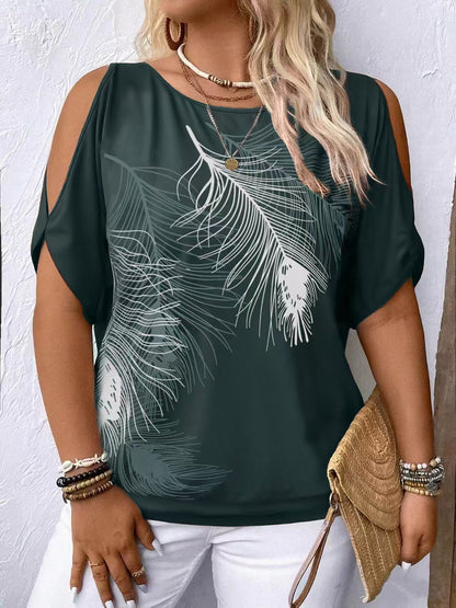 ⏳ Časově omezená nabídka 💖【S-2XL】Volný ležérní top s kulatým výstřihem a odhalenými rameny, módní potisk, snadné kombinování