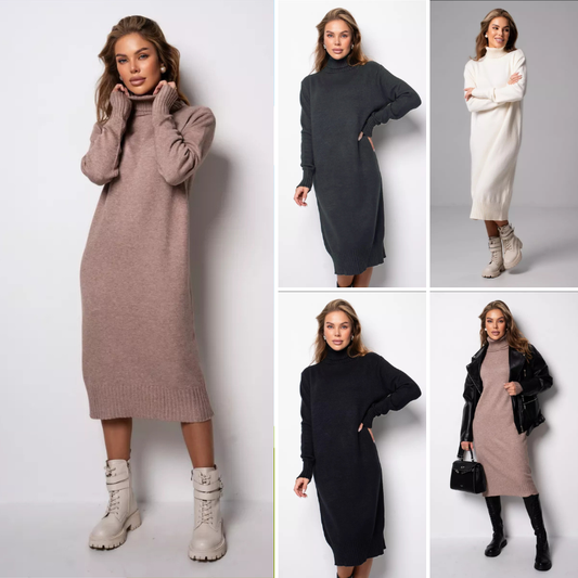 👗 Nuevo estilo de invierno, elegante vestido de punto de cuello alto, moderno y sofisticado.