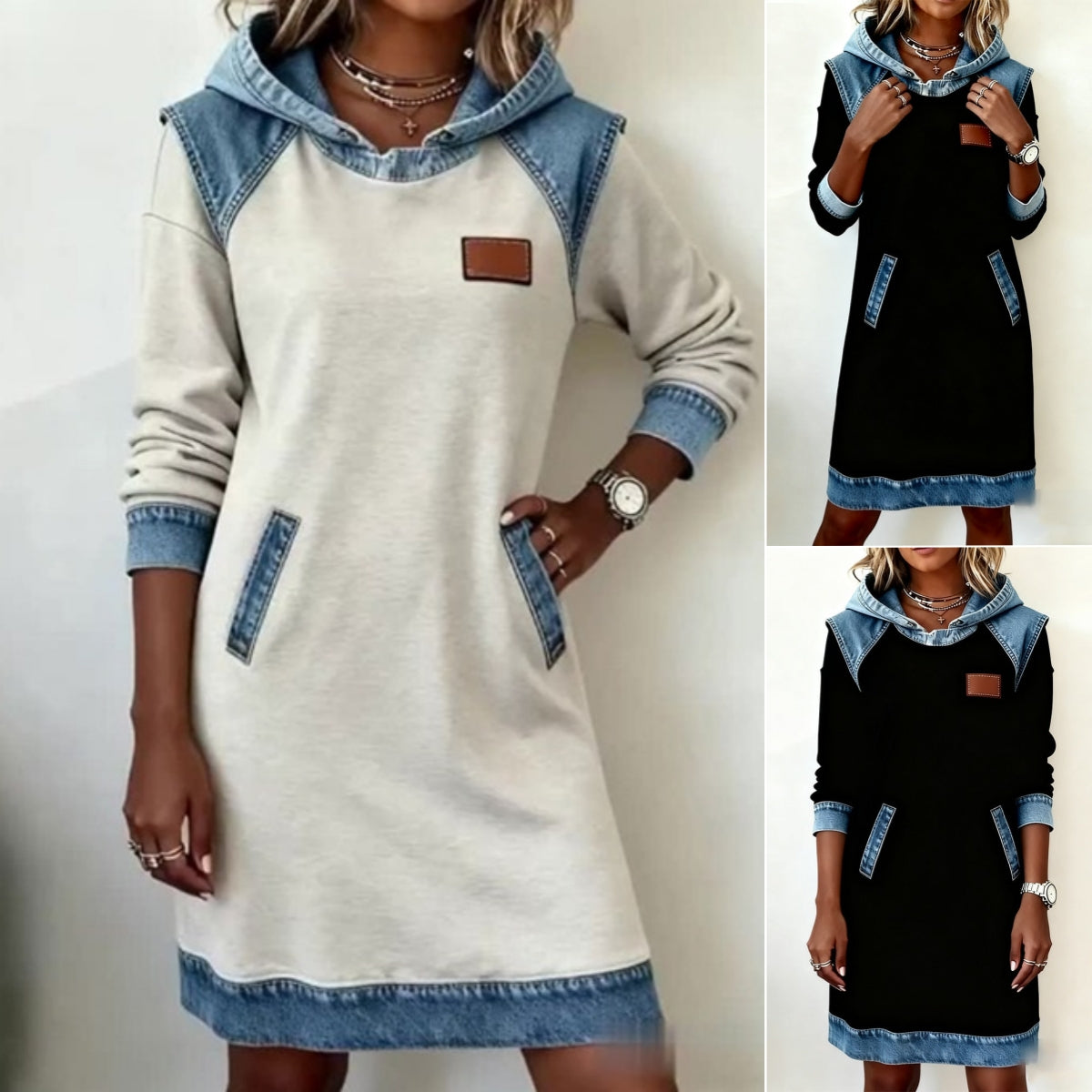 🔥【Más vendido】Nuevo vestido vaquero patchwork de invierno con capucha