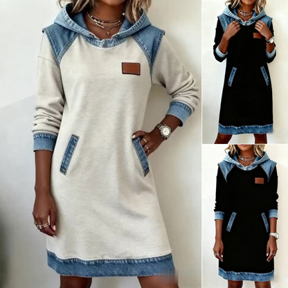 🔥【Más vendido】Nuevo vestido vaquero patchwork de invierno con capucha