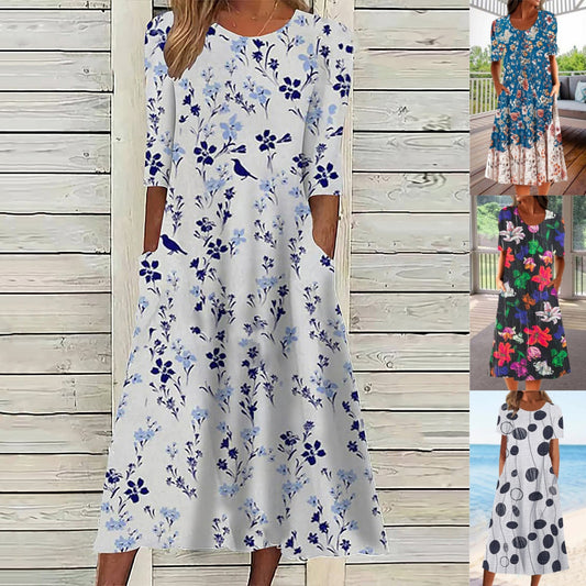 😍 Letní hit【S–3XL】2026 Volné letní šaty s kulatým výstřihem a potiskem, prodyšné, pohodlné a snadno kombinovatelné