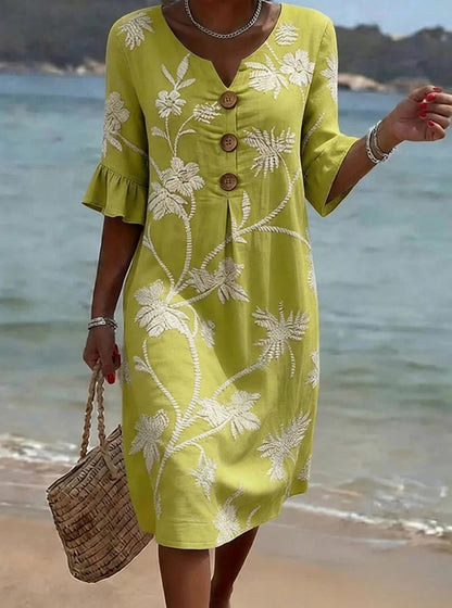 👗【S-3XL】Dámské šaty z bavlny a lnu s nafoukanými rukávy a knoflíky