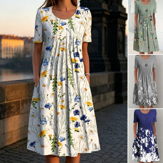 👗【40-100KG】Letní módní šaty s kulatým výstřihem a potiskem, prodyšné, pohodlné a zeštíhlující