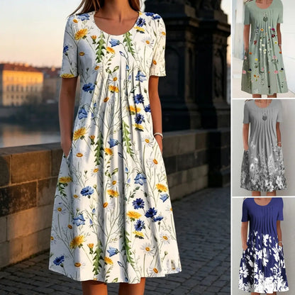 👗【40-100KG】Letní módní šaty s kulatým výstřihem a potiskem, prodyšné, pohodlné a zeštíhlující