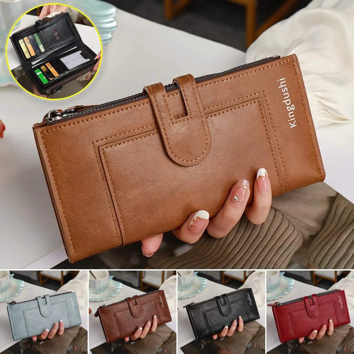💰Dámská vintage peněženka z pravé kůže, dvojitý zip, více přihrádek na karty