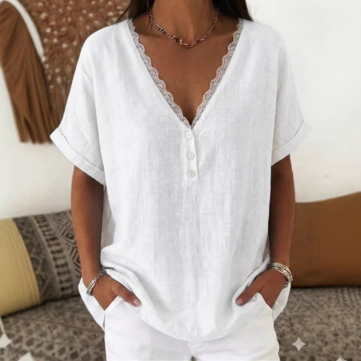 👚⏳ Wyprzedaż 50% ✨【S-3XL】Nowa letnia bluzka z krótkim rękawem i dekoltem V z bawełny i lnu, komfortowa i przewiewna, modna oraz łatwa do dopasowania.