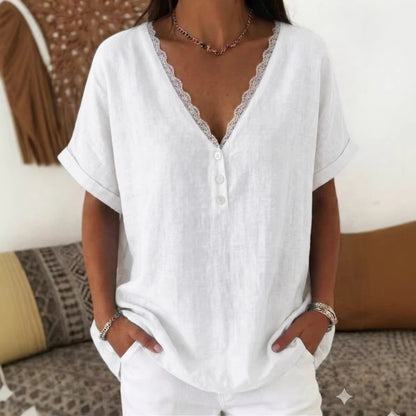 👚⏳ Wyprzedaż 50% ✨【S-3XL】Nowa letnia bluzka z krótkim rękawem i dekoltem V z bawełny i lnu, komfortowa i przewiewna, modna oraz łatwa do dopasowania.