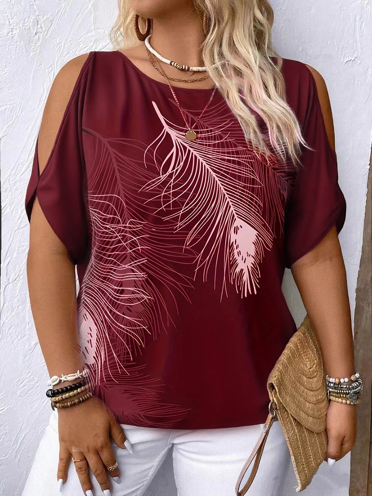 ⏳ Časově omezená nabídka 💖【S-2XL】Volný ležérní top s kulatým výstřihem a odhalenými rameny, módní potisk, snadné kombinování