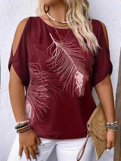 ⏳ Časově omezená nabídka 💖【S-2XL】Volný ležérní top s kulatým výstřihem a odhalenými rameny, módní potisk, snadné kombinování