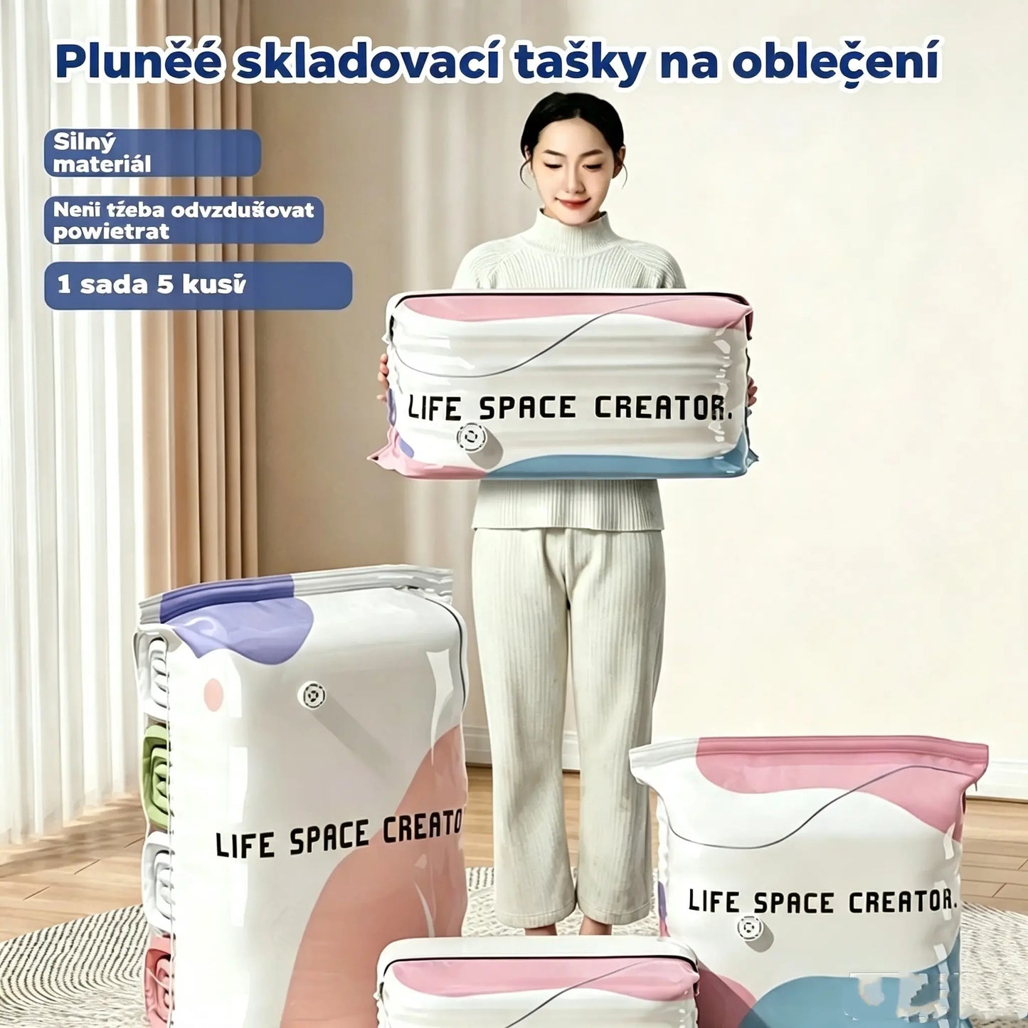 👕📦【5 kusů v sadě!】Vakuové kompresní úložné sáčky na oblečení – bez pumpy | Zesílené provedení s dvojitým těsnicím zipem,dobírka