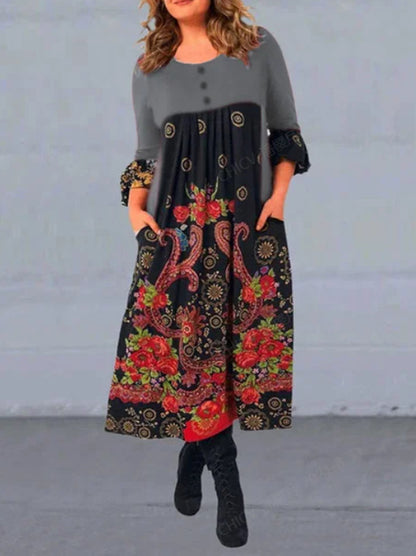 ⏳ Último día – 50% de descuento【S-5XL】👗Nuevo vestido casual de manga larga con estampado retro para otoño/invierno