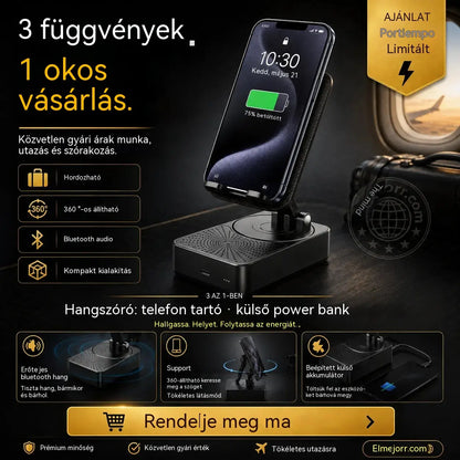 🔥 3 az 1-ben: Bluetooth hangszóró + töltő + 360°-os mobiltelefon-állvány 📱🔊⚡