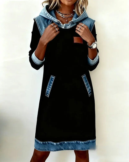 🔥 Új divatos kapucnis farmerruhák patchwork dizájnnal ✅ Ingyenes szállítás ✅ Utánvétes fizetés