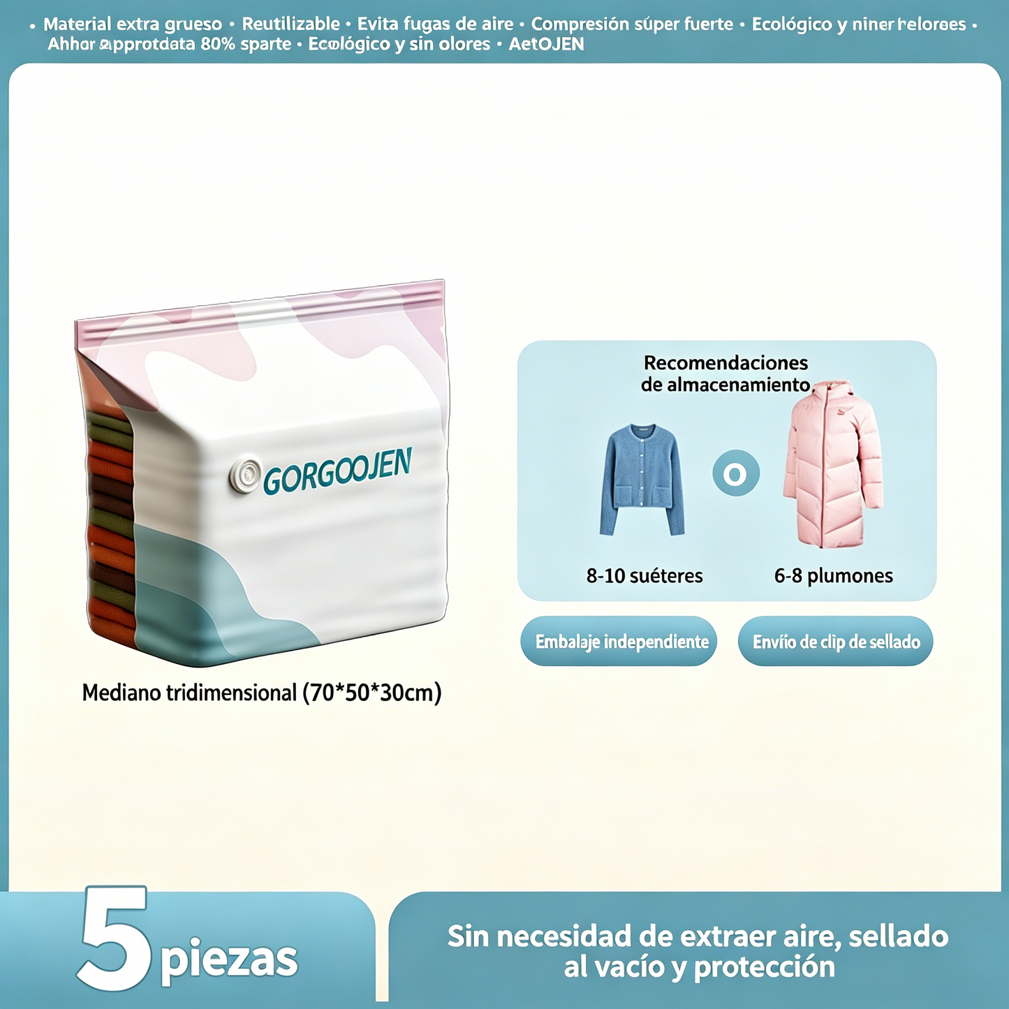 🧳 5 darab 💨 Nagyméretű, kompressziós vákuumos tárolózsákok: nincs szükség pumpára, légmentesen záródnak, és ideálisak a helytakarékossághoz a bőröndben és otthon is ✈️