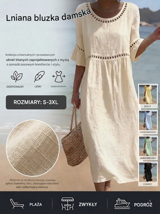 ✨【S–3XL】Damska dopasowana sukienka z bawełny i lnu z okrągłym dekoltem i bufiastymi rękawami, przewiewna, miękka i wygodna w noszeniu