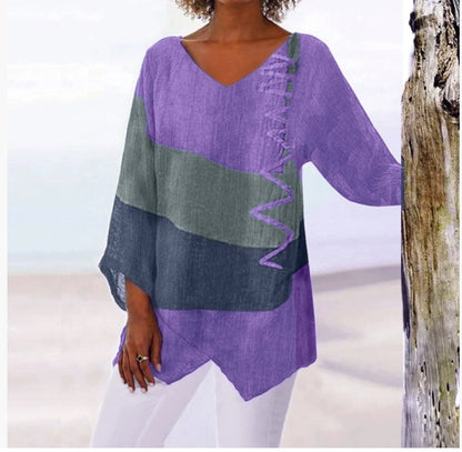 ⏳✨ Utolsó nap – 50% kedvezmény ✨【S~5XL】😍 Női elegáns hétköznapi felső: V-nyakú, hosszú ujjú, művészi mintás nyomat