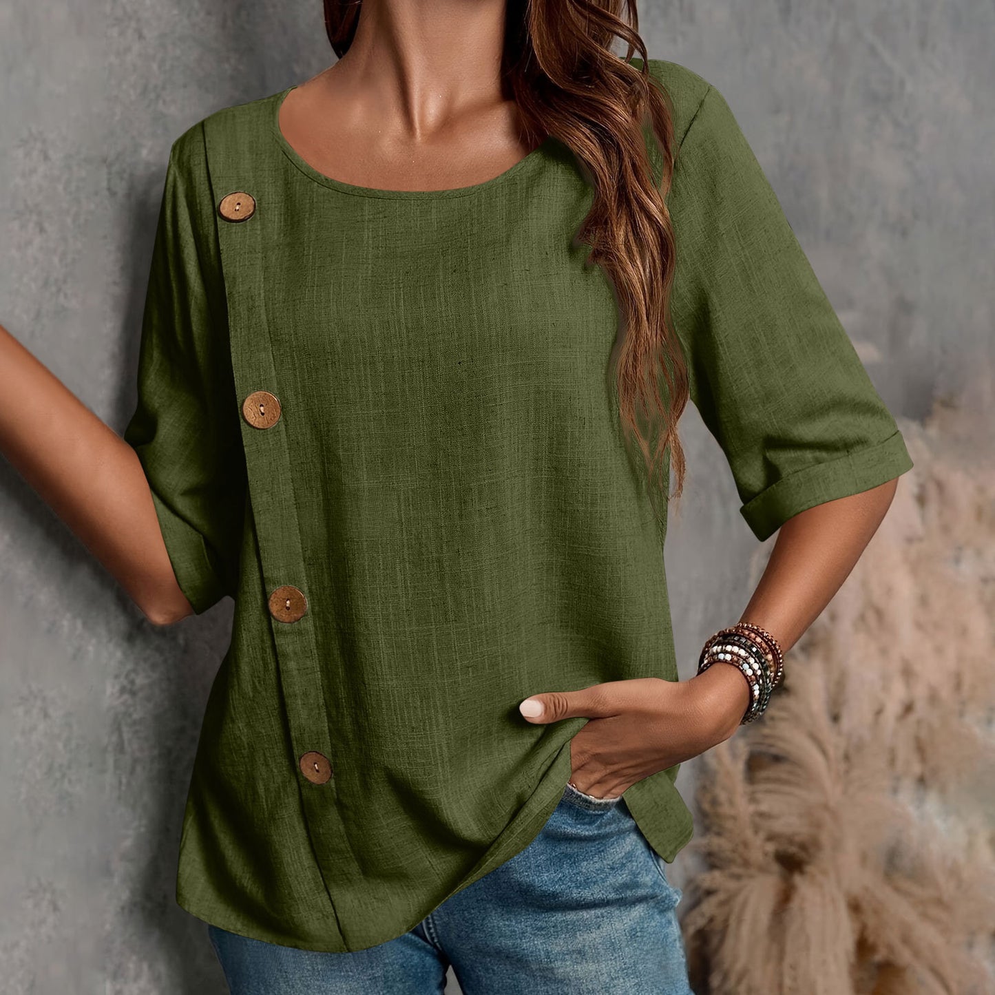 ⏳ 50% zniżki ✨【S-2XL】Nowa letnia wygodna koszulka bawełniano-lniana, przewiewna i nieprzyklejająca się do ciała, z okrągłym dekoltem. 👚