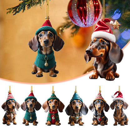 🎅 Adornos navideños【🐶7 bucăți】🎄Adornos navideños para árbol de Navidad con forma de perro salchicha, colgantes para decoración de coche