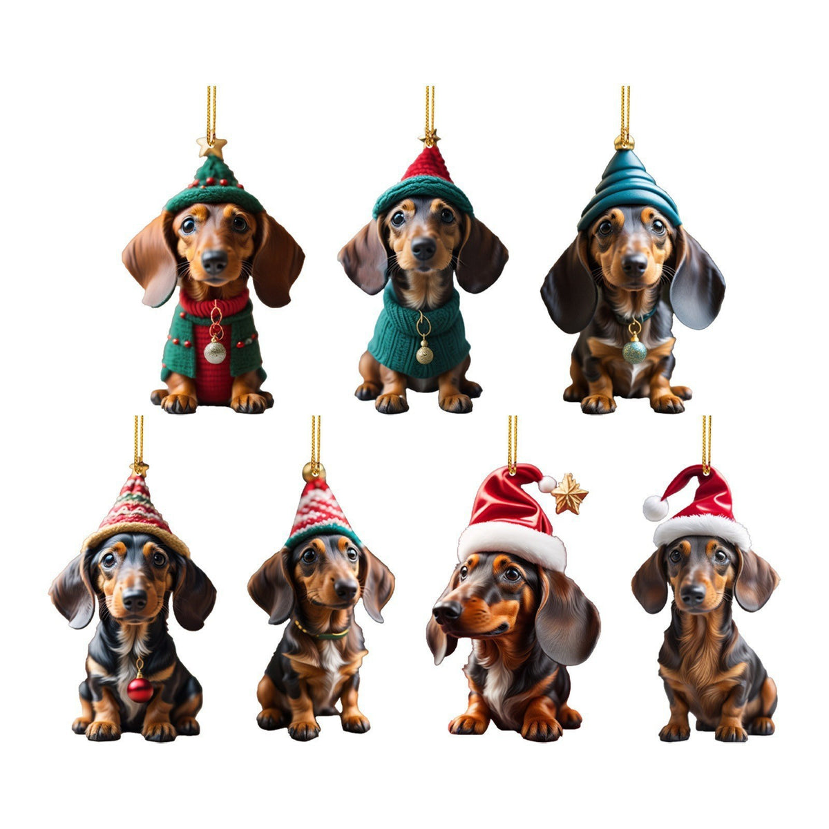 🎅 Adornos navideños【🐶7 bucăți】🎄Adornos navideños para árbol de Navidad con forma de perro salchicha, colgantes para decoración de coche