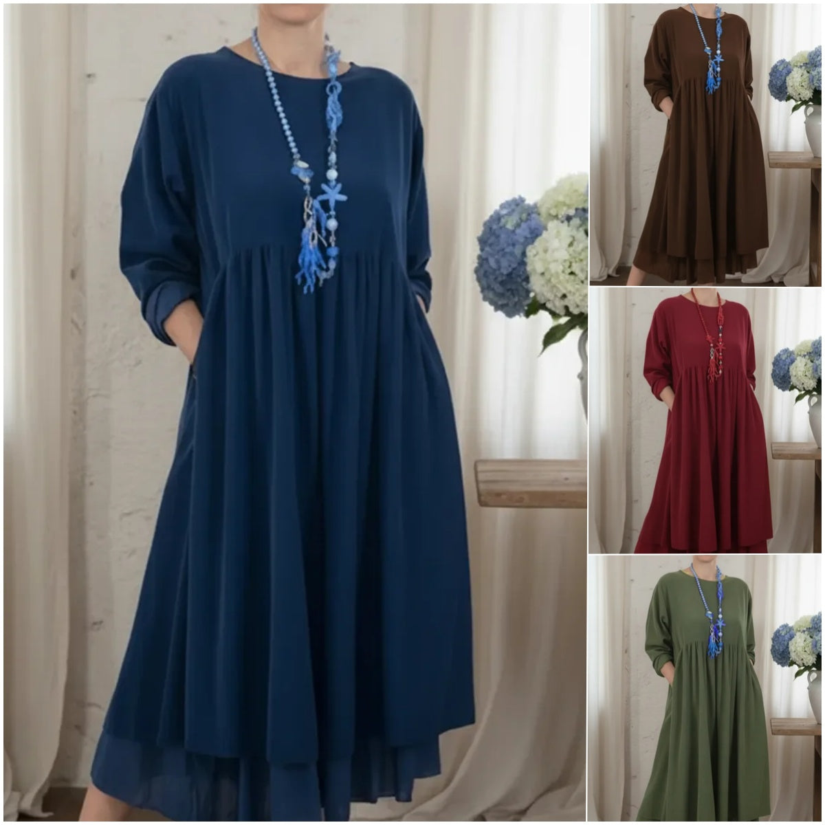 Ženska jednostavna, elegantna, široka midi haljina s dvostrukim rubom.