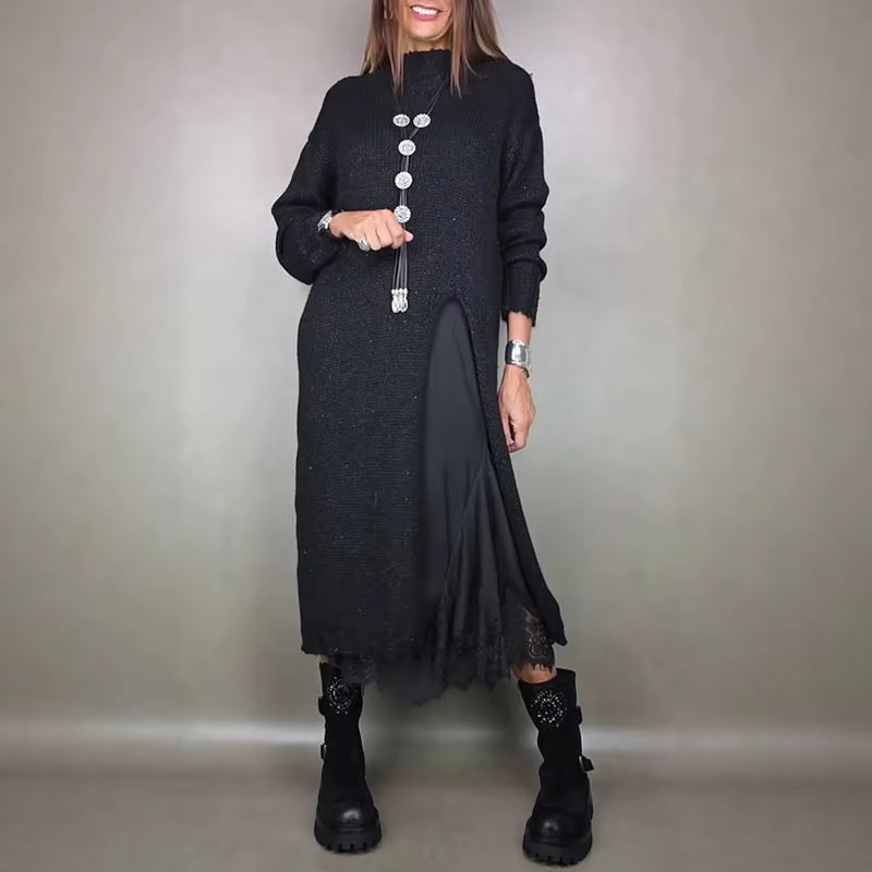 【XS–3XL】👗 Új őszi csipkés szett hasítékkal és kötött mintával