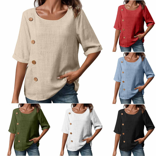 ⏳ 50% zniżki ✨【S-2XL】Nowa letnia wygodna koszulka bawełniano-lniana, przewiewna i nieprzyklejająca się do ciała, z okrągłym dekoltem. 👚
