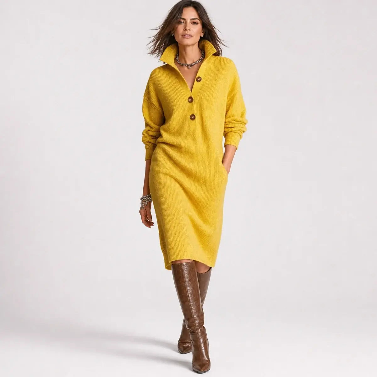 🌺🤗 Utolsó nap – 50% kedvezmény 🔥【S–3XL】 Új, divatos kötött ruha gallérral, európai és amerikai stílusban