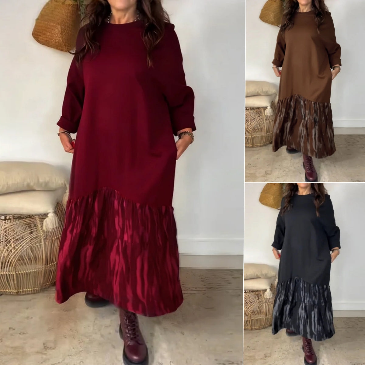 ✨【S-3XL】Damska luźna sukienka z okrągłym dekoltem, ozdobiona nieregularnym patchworkowym nadrukiem, uniwersalna i wygodna do noszenia