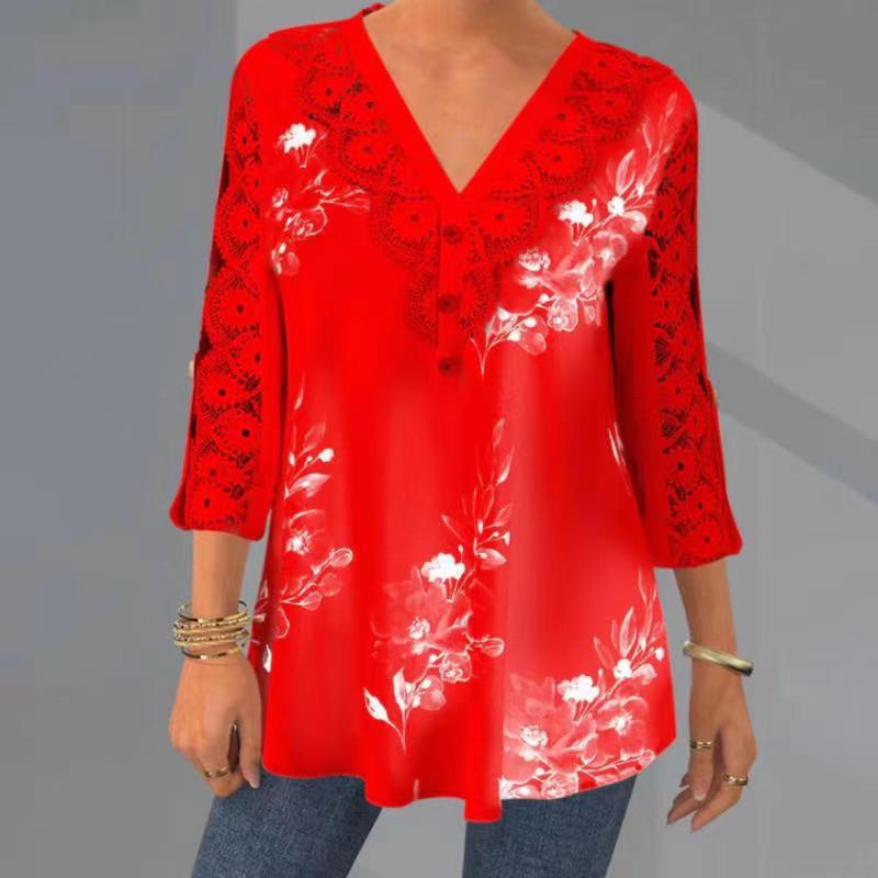 🔥 Poslední den sleva 50 %【M–5XL】Módní dámské tištěné tričko s krátkým rukávem s výstřihem do V, děrovaným a prodyšným designem