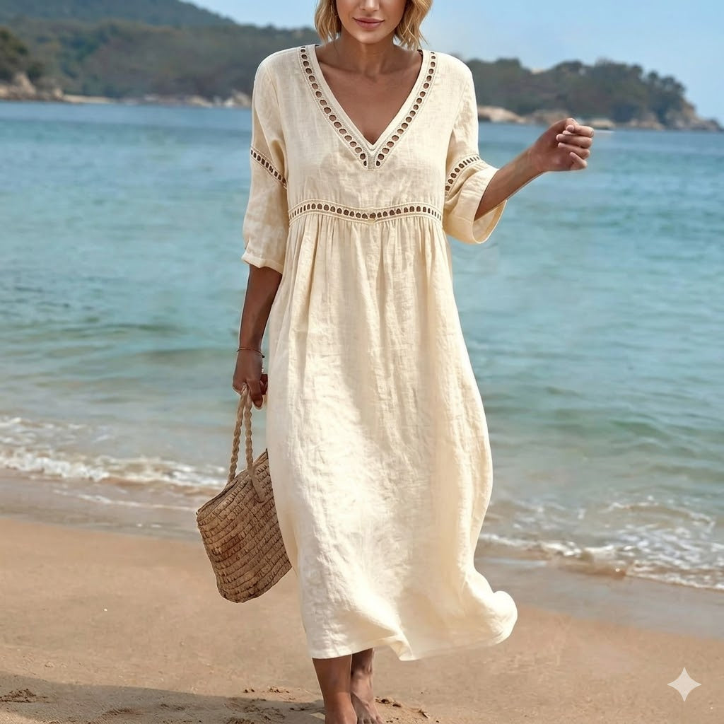 👗【S-3XL】Divatos nyári pamut-len ruha V-nyakkal, légáteresztő, kényelmes és karcsúsító fazonnal.