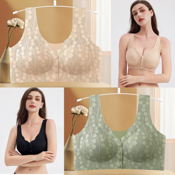 😍【40–90 κιλά】Γυναικείο λεπτό, διαπνέον σουτιέν από δαντέλα, με μπροστινό κούμπωμα, ώριμο στυλ