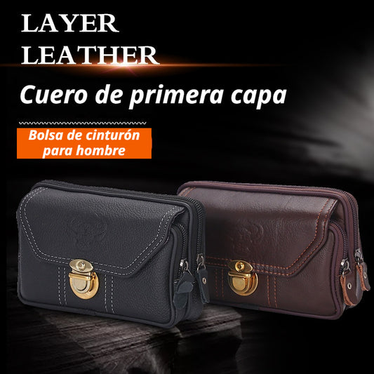 👜 Nuevo bolso de cintura para hombre, corte horizontal, funda para teléfono celular de cuero de vaca con piel de grano completo
