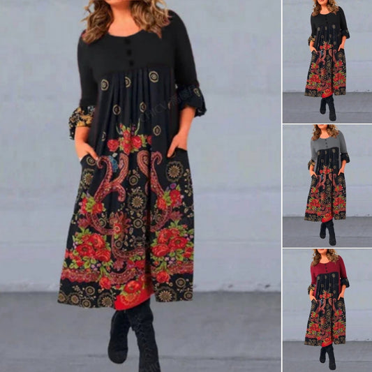 ⏳ Último día – 50% de descuento【S-5XL】👗Nuevo vestido casual de manga larga con estampado retro para otoño/invierno