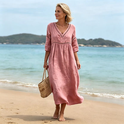 👗【S-3XL】Divatos nyári pamut-len ruha V-nyakkal, légáteresztő, kényelmes és karcsúsító fazonnal.