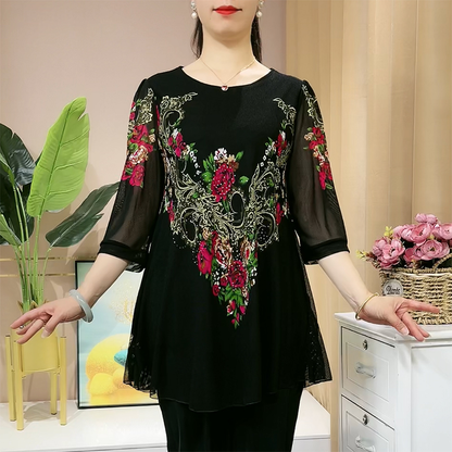 💕Letní speciální nabídka【L–5XL】Dámské elegantní tričko s vintage potiskem pro zralé ženy.