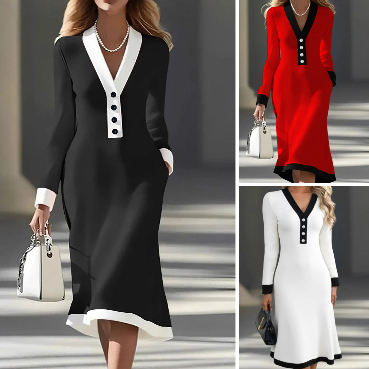 👗【S-3XL】Ženska jesensko-zimska haljina s kontrastnim V-izrezom