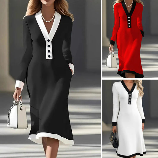 👗【S-3XL】Ženska jesensko-zimska haljina s kontrastnim V-izrezom