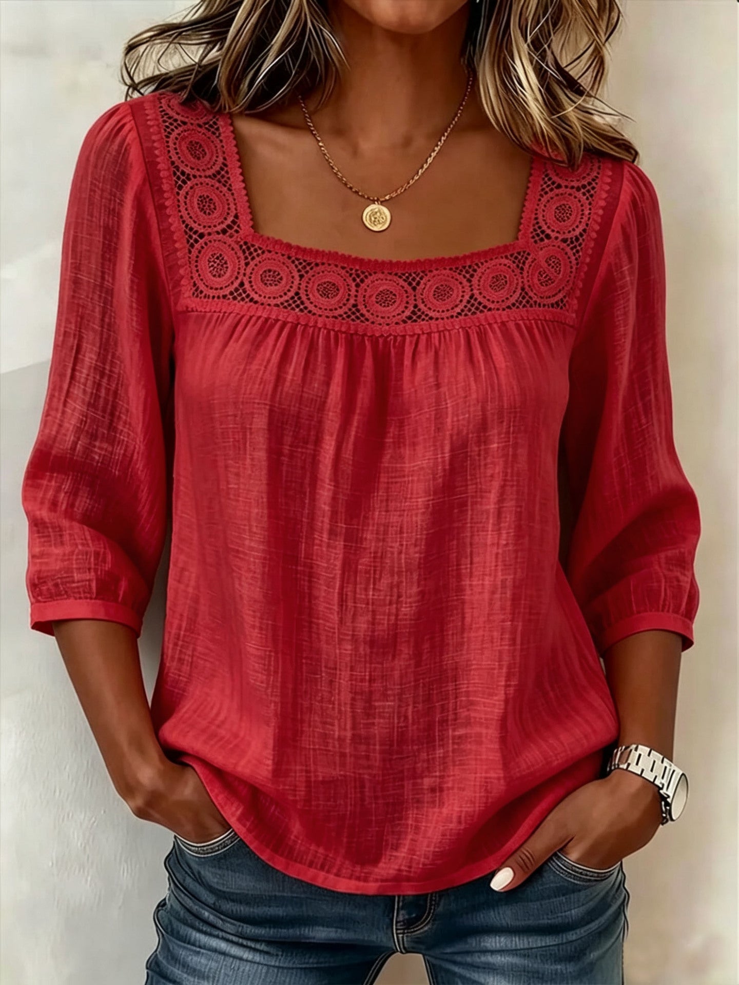 👚【S-3XL】 Damska modna lniano-bawełniana bluzka z kwadratowym dekoltem, przewiewna, wygodna i dopasowana do różnych stylizacji