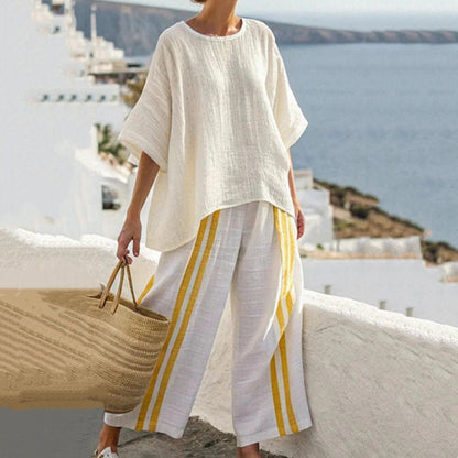 ✨ Platba na dobírku【S–5XL】Lehký a prodyšný dámský bavlněno-lněný letní komplet s pruhovaným potiskem – pohodlný a stylový outfit na léto.