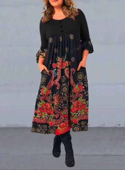 ⏳ Último día – 50% de descuento【S-5XL】👗Nuevo vestido casual de manga larga con estampado retro para otoño/invierno