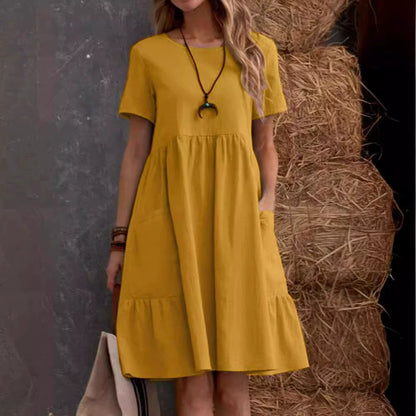 👗💖💖 [S–5XL méretek] 2026 Újdonság: Női pamut-lenvászon ruha — Kerek nyakú, bő szabású, nagy zsebekkel