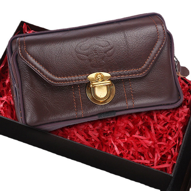 👜 Nuevo bolso de cintura para hombre, corte horizontal, funda para teléfono celular de cuero de vaca con piel de grano completo