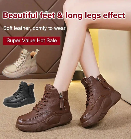 36-41【Модел 2025】Класически ретро къси ботуши от телешка кожа за спорт и ежедневно носене, дебела подметка тип „мартиниз“, удобни и ненатоварващи краката