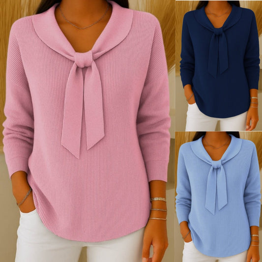 ✨【S-2XL】Sweter damski w jednolitym kolorze z wiązaniem i długim rękawem, swobodny i luźny