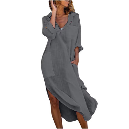 💕Letní speciální nabídka【S–2XL】Jednobarevné dámské lněno-bavlněné šaty – prodyšné, pohodlné a s elegantním přiléhavým střihem.